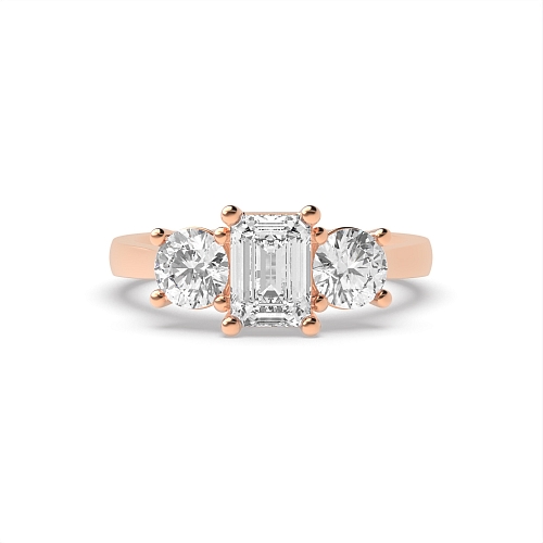 4 Prong Emerald Rose Gold And round with gallery Trilogy Engagement Rings