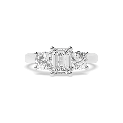 4 Prong Emerald And round with gallery Moissanite Engagement Rings