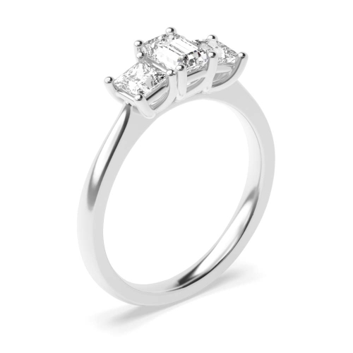 4 Prong Emerald And princess tapering shoulder Naturally Mined Diamond Trilogy Engagement Rings