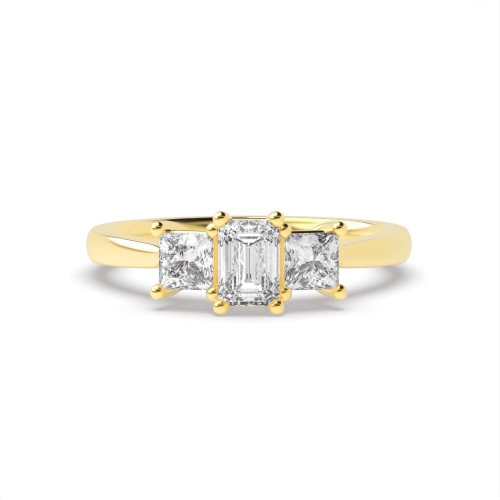 4 Prong Emerald Yellow Gold And princess tapering shoulder Trilogy Engagement Rings