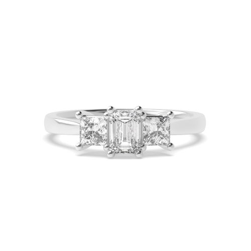 4 Prong Emerald And Princess Delicate Three Stone Diamond Ring