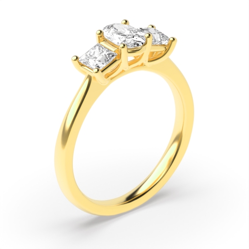 4 Prong Oval Yellow Gold And princess raised Trilogy Engagement Rings