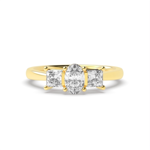 4 Prong Oval Yellow Gold And princess raised Trilogy Engagement Rings