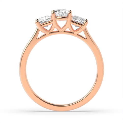 4 Prong Oval Rose Gold And process tapering shoulder Trilogy Engagement Rings