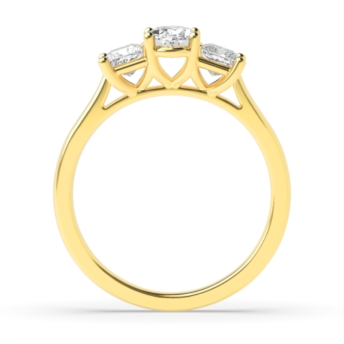 4 Prong Oval Yellow Gold And process tapering shoulder Trilogy Engagement Rings