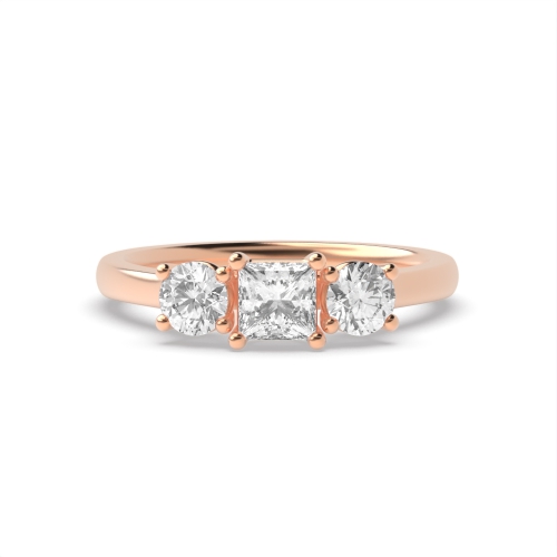4 Prong Princess Rose Gold With round Trilogy Engagement Rings