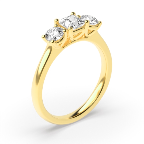4 Prong Princess Yellow Gold With round Trilogy Engagement Rings