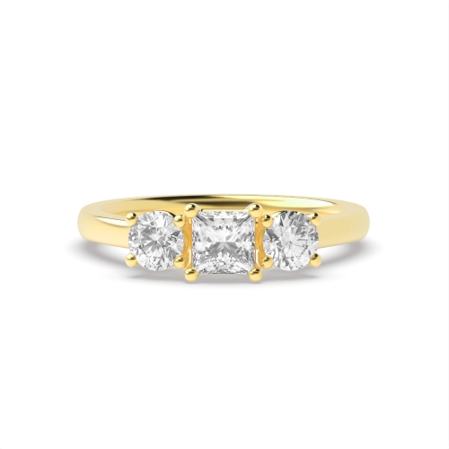 4 Prong Princess Yellow Gold With round Trilogy Engagement Rings