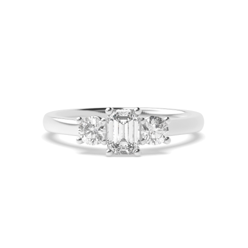 4 Prong Emerald With round solid shoulder Naturally Mined Diamond Trilogy Engagement Rings
