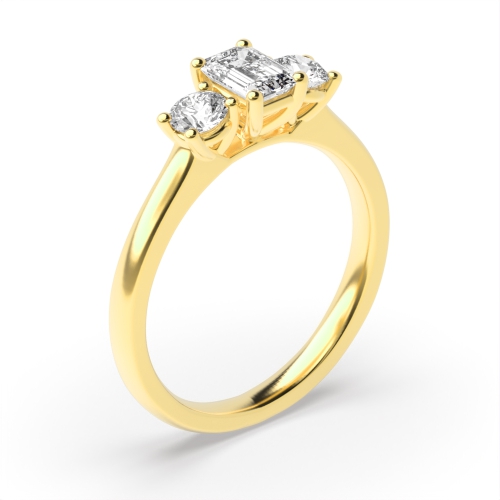 4 Prong Emerald Yellow Gold With round solid shoulder Trilogy Engagement Rings