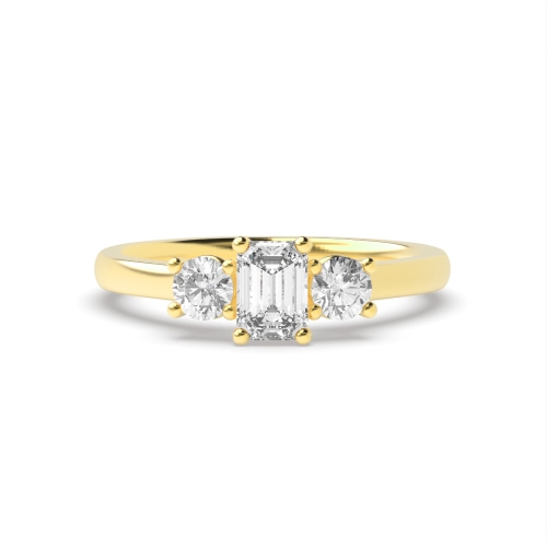 4 Prong Emerald Yellow Gold With round solid shoulder Trilogy Engagement Rings