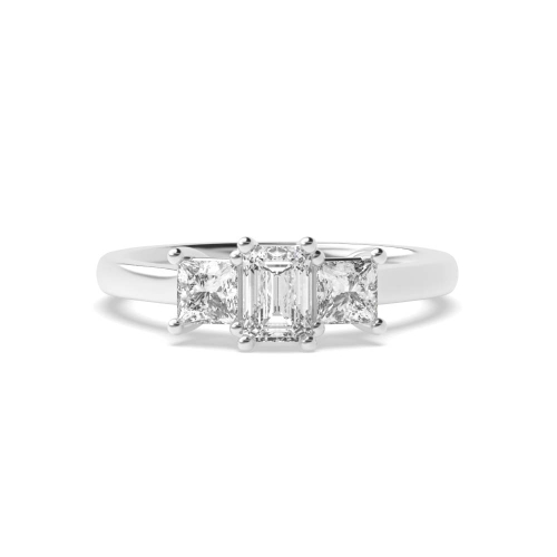 4 Prong Emerald And Princess Raised Set Three Stone Diamond Ring