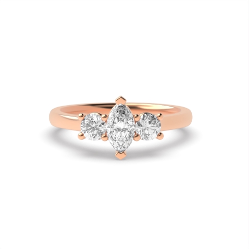 4 Prong Marquise Rose Gold With round solid shoulder Trilogy Engagement Rings