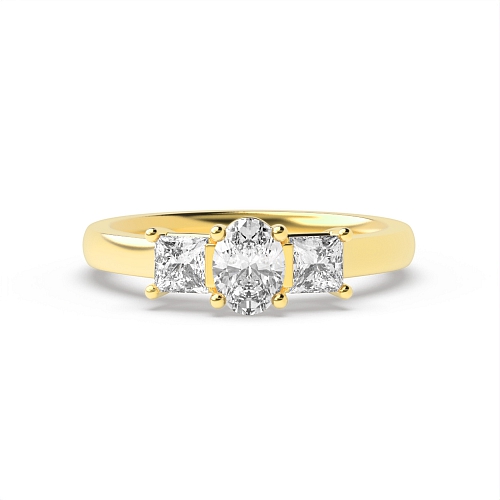 4 Prong Oval Yellow Gold And princess high set Trilogy Engagement Rings