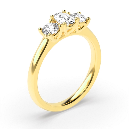 4 Prong Oval Yellow Gold And Round raised set Trilogy Engagement Rings