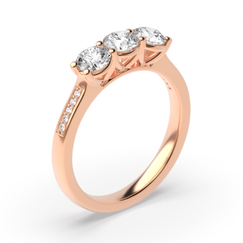 4 Prong Round Rose Gold V setting with shoulder set Trilogy Engagement Rings
