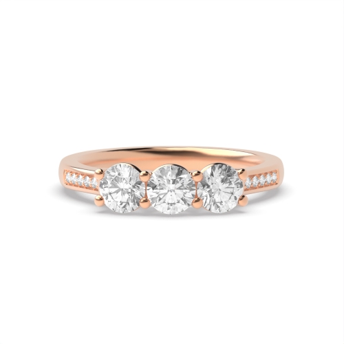 4 Prong Round Rose Gold V setting with shoulder set Trilogy Engagement Rings