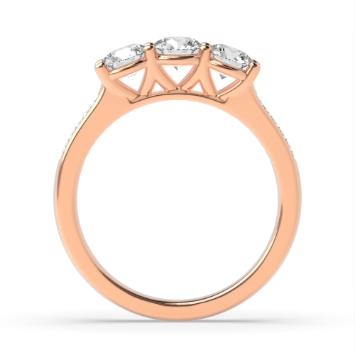 4 Prong Round Rose Gold V setting with shoulder set Trilogy Engagement Rings