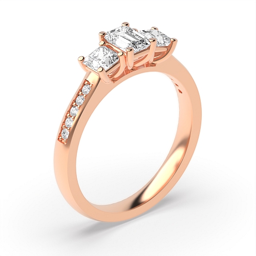 4 Prong Emerald Rose Gold And round shoulder set Trilogy Engagement Rings