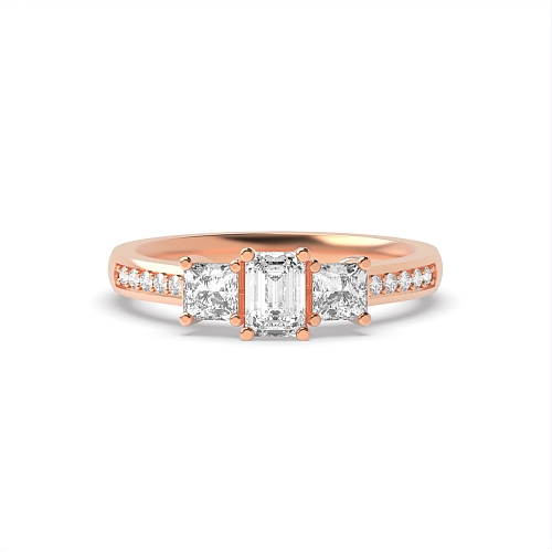 4 Prong Emerald Rose Gold And round shoulder set Trilogy Engagement Rings