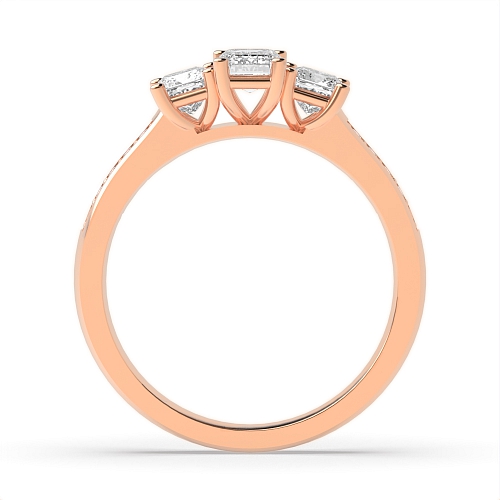 4 Prong Emerald Rose Gold And round shoulder set Trilogy Engagement Rings