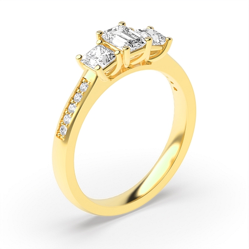4 Prong Emerald Yellow Gold And round shoulder set Engagement Rings