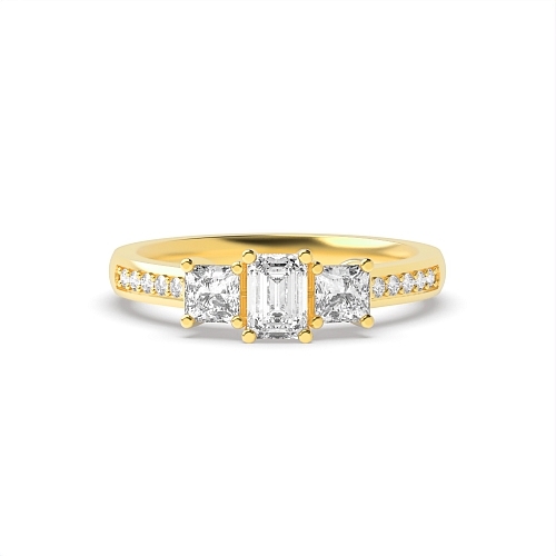 4 Prong Emerald Yellow Gold And round shoulder set Engagement Rings