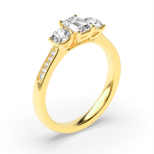 4 Prong Emerald Yellow Gold Three Stone Engagement Rings