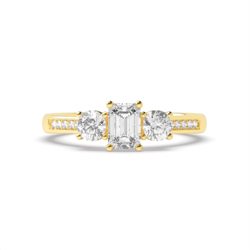 4 Prong Emerald Yellow Gold Three Stone Diamond Ring