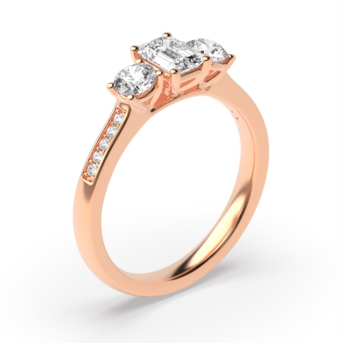 4 Prong Emerald Rose Gold And round diamond on shoulder Trilogy Engagement Rings