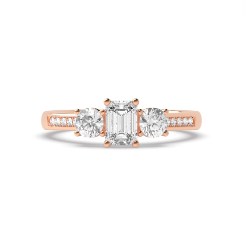 4 Prong Emerald Rose Gold And round diamond on shoulder Trilogy Engagement Rings