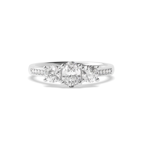 4 Prong Oval and Round Diamond on Shoulder Three Stone Engagement Ring