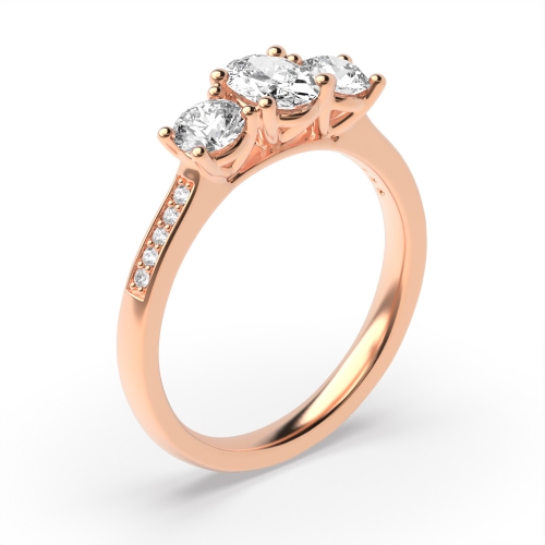 4 Prong Oval Rose Gold And round diamond on shoulder Trilogy Engagement Rings