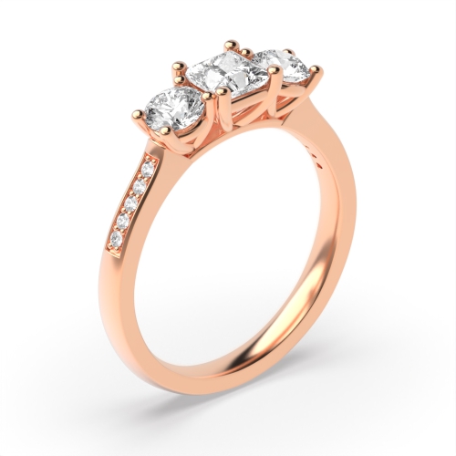 4 Prong Princess Rose Gold And round shoulder set Trilogy Engagement Rings