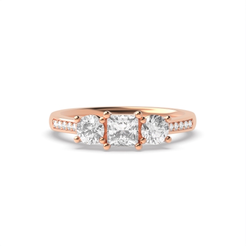 4 Prong Princess Rose Gold And round shoulder set Trilogy Engagement Rings