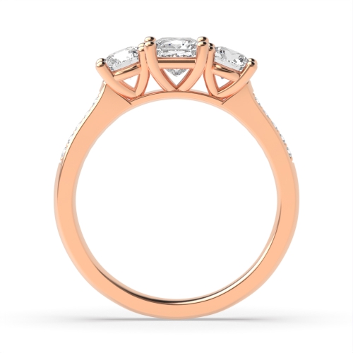 4 Prong Princess Rose Gold And round shoulder set Trilogy Engagement Rings