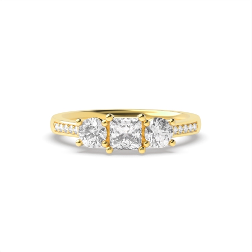 4 Prong Princess Yellow Gold And round shoulder set Engagement Rings