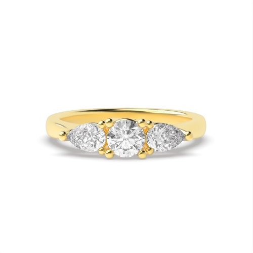 4 Prong Round/Pear Yellow Gold Three Stone Diamond Ring