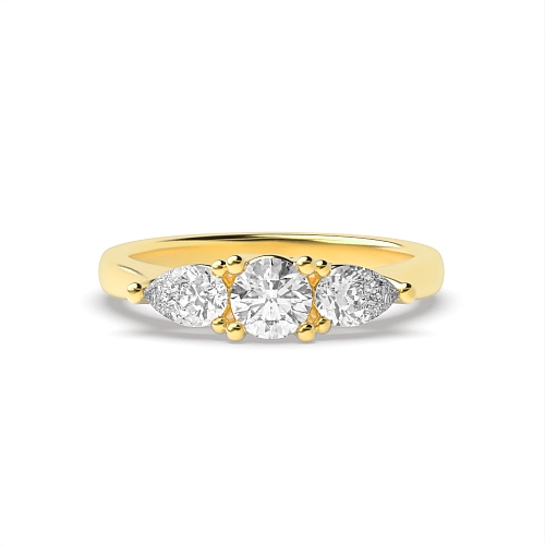 4 Prong Round/Pear Yellow Gold Cross Over Claws Three Stone Engagement Ring