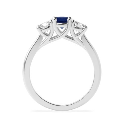 4 Prong Cross Over Claws Blue Sapphire Three Stone Diamond Ring