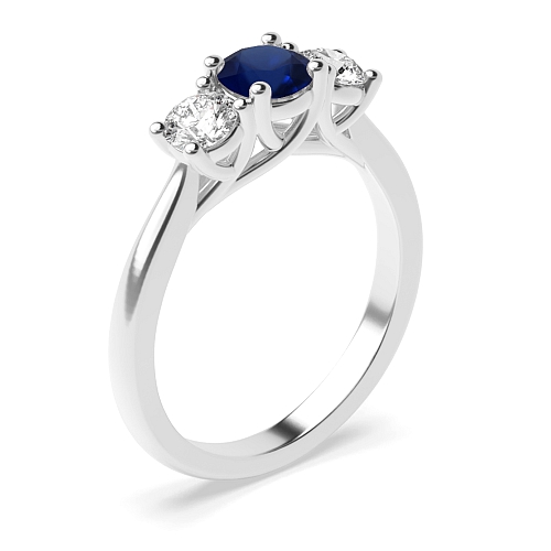 4 Prong Cross Over Claws Blue Sapphire Three Stone Diamond Ring