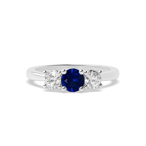 4 Prong Cross Over Claws Blue Sapphire Three Stone Diamond Ring