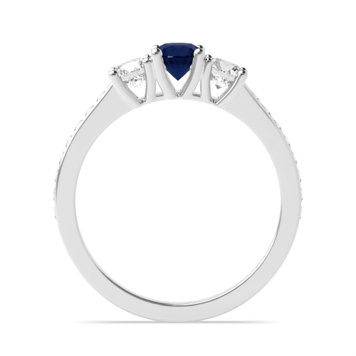 4 Prong Shoulder Set Blue Sapphire Three Stone Diamond Ring