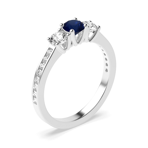 4 Prong Shoulder Set Blue Sapphire Three Stone Diamond Ring