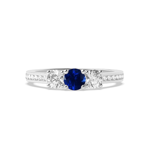 4 Prong Shoulder Set Blue Sapphire Three Stone Diamond Ring