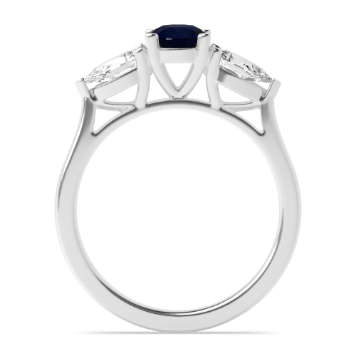 4 Prong Round/Pear High Set Blue Sapphire Three Stone Diamond Ring
