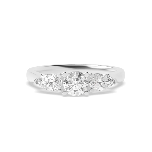 4 Prong Round/Pear White Gold Three Stone Engagement Ring