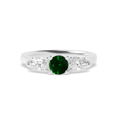 4 Prong Round/Pear High Set Emerald Three Stone Diamond Ring