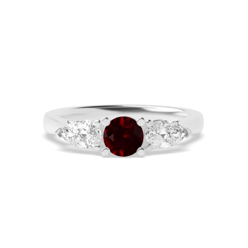4 Prong Round/Pear High Set Ruby Three Stone Diamond Ring