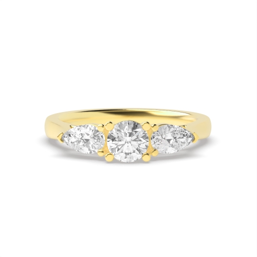 4 Prong Round/Pear Yellow Gold Three Stone Engagement Ring